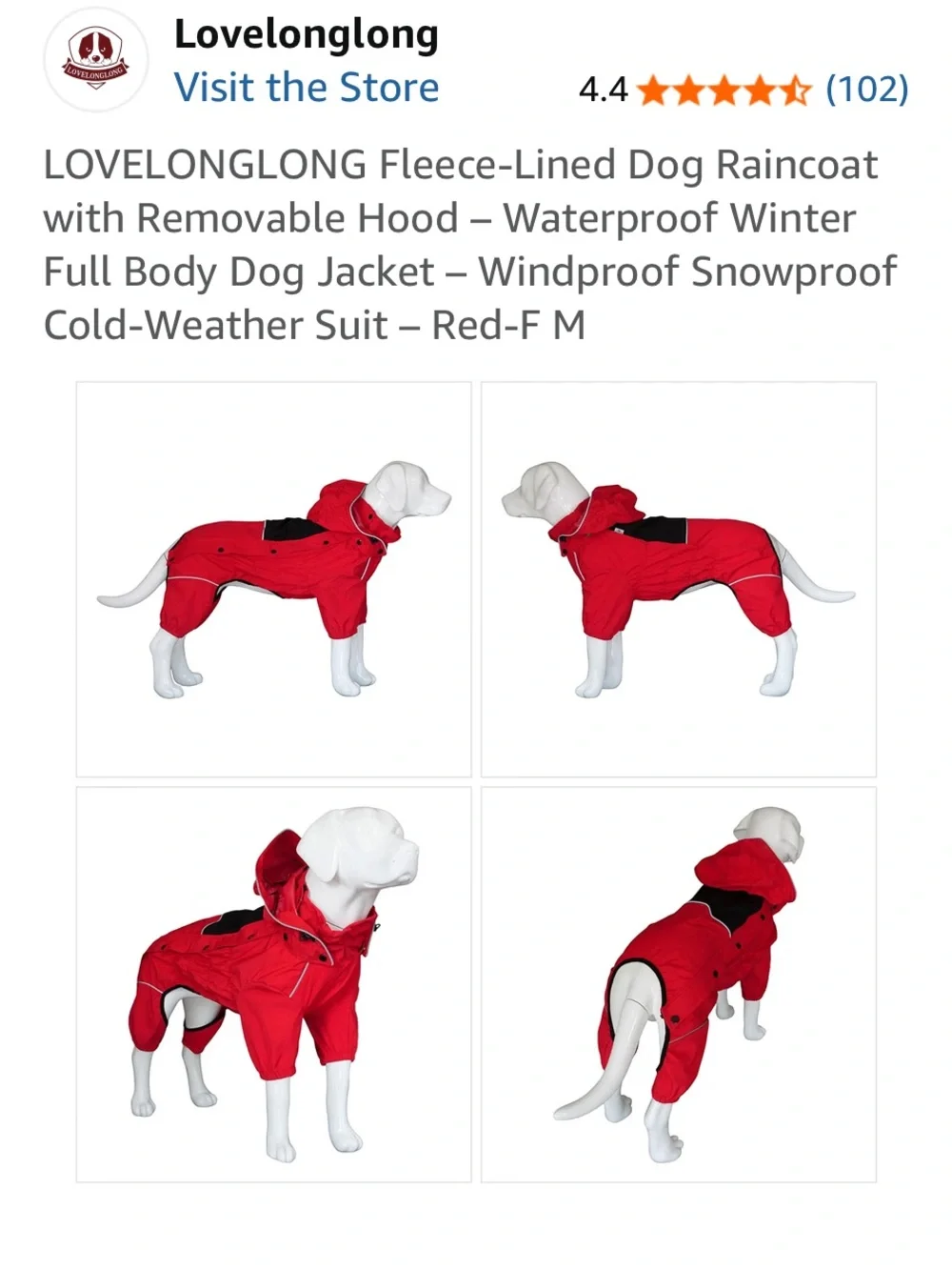 LOVELONGLONG Red Fleece-Lined Waterproof Dog Raincoat with Removable Hood